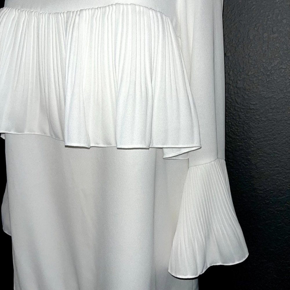 HAILEY Multi Layer Pleated Ruffle Long Sleeve White Crepe Chandelier Dress EUC M - Picture 3 of 10